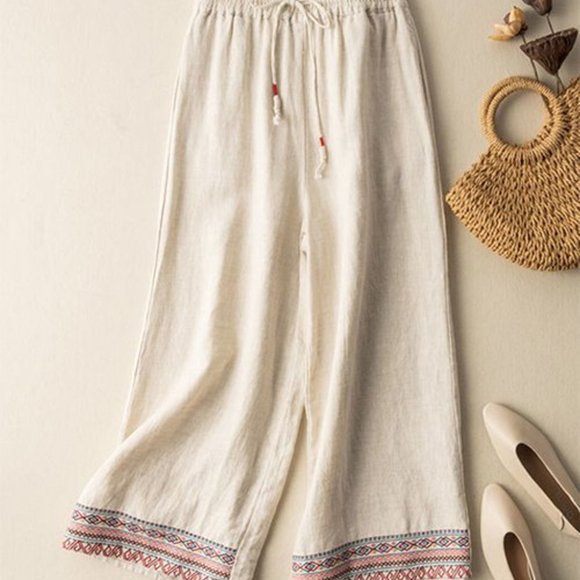 Izuria Pants - Apricot Geometric-Embroidered Drawstring Wide-Leg Pants